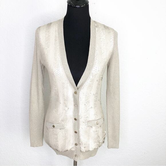 Cache champagne gold sequin front button cardigan sweater size Medium - Picture 1 of 16